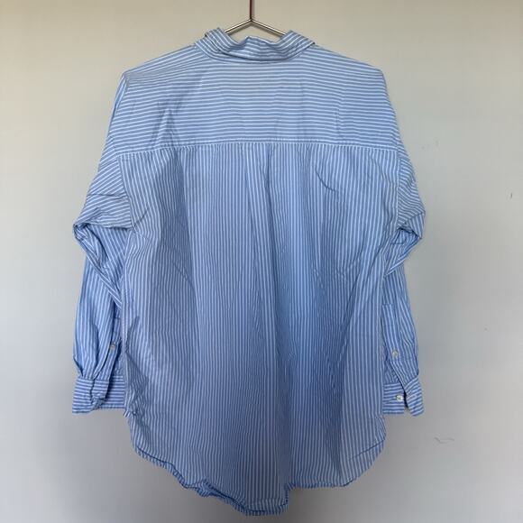 Loft Womens Top L Blue Striped Poplin Crest Everyday Oversized Preppy Academia - Picture 7 of 7